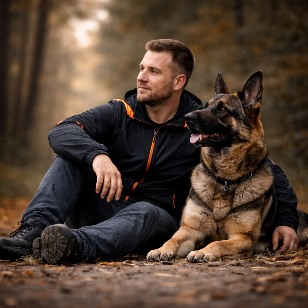 Hund und Mensch im Wald sitzend